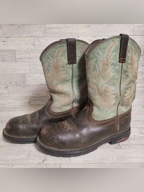 Ariat Tracey Brown Green Leather Composite Toe Work Cowboy Boots Women’s 9.5